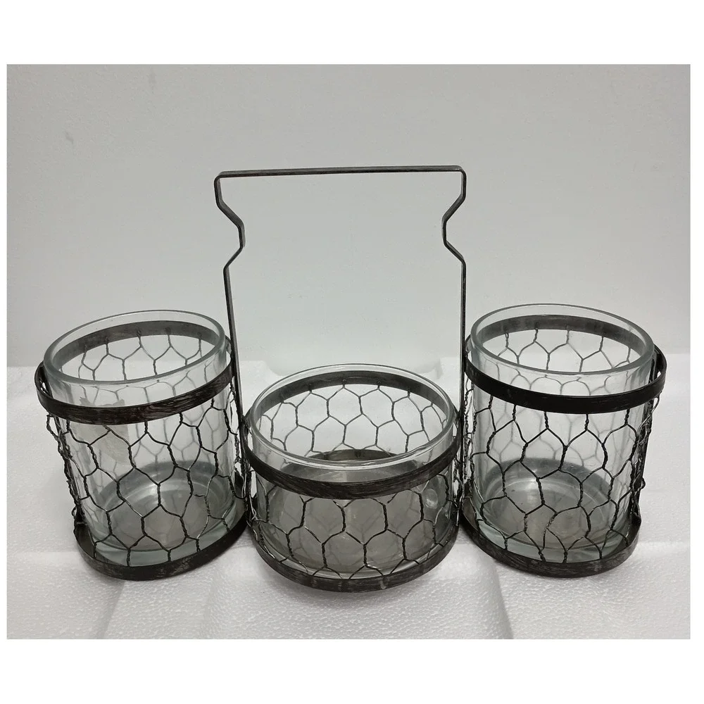 Vintage Rustic Metal Glass Caddy Server Organizer Handle Brown Farmhouse Decor